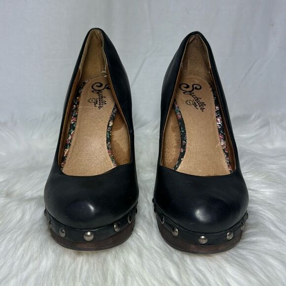 Anthropologie Seychelles Black Leather Studded Clog Style Heels Sz 6.5 - Picture 2 of 6